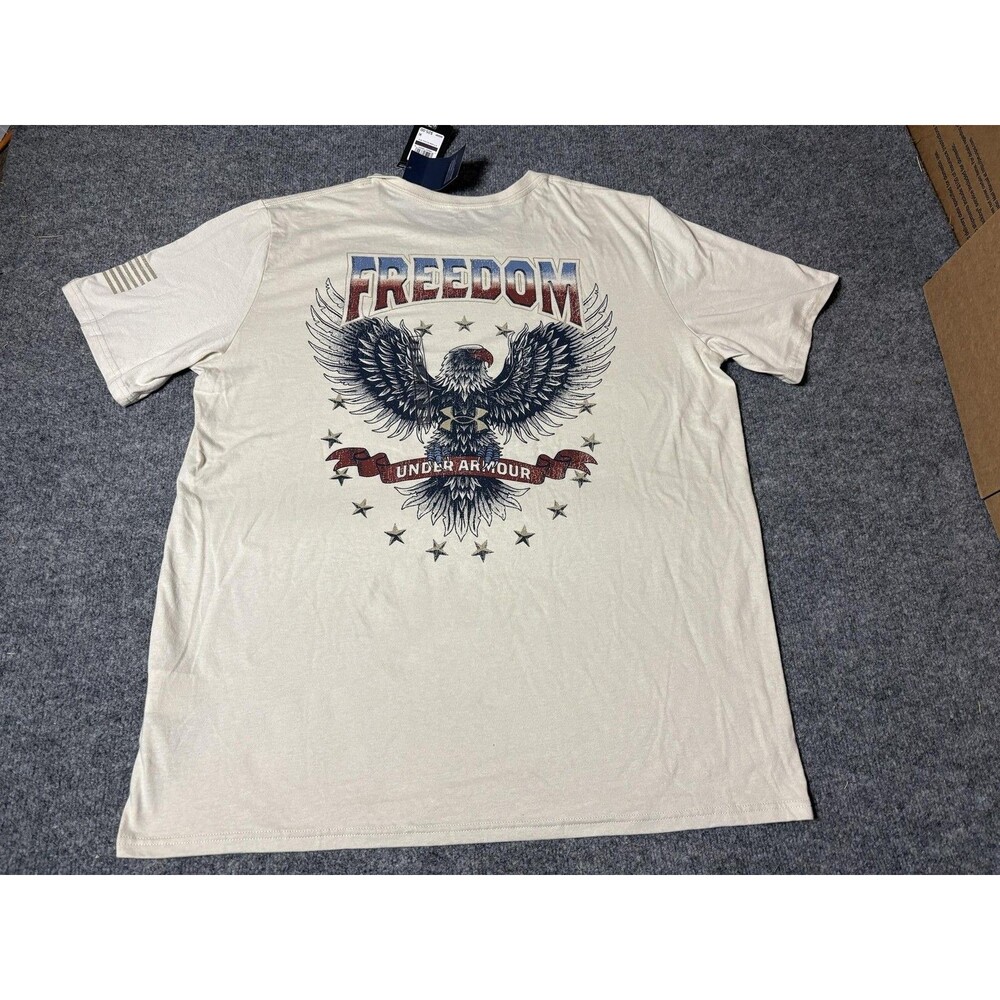 Under Armour Shirt Mens 2XL Beige Freedom Eagle USA Military Graphic Taggles Tee